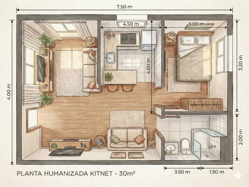 Planta Humanizada Kitnet 30m²